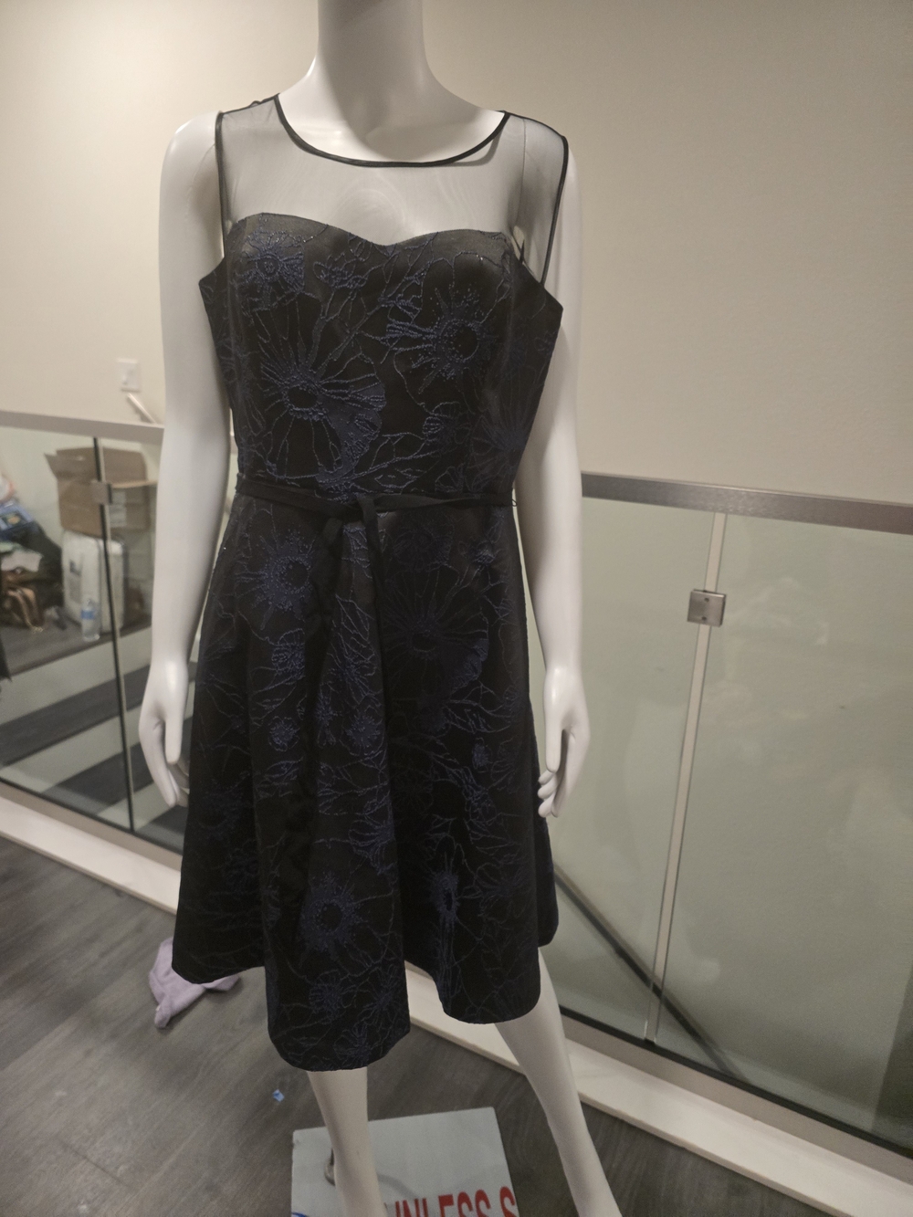 Jessica Simpson Black and Navy Floral Illusion Yoke Midi Dress